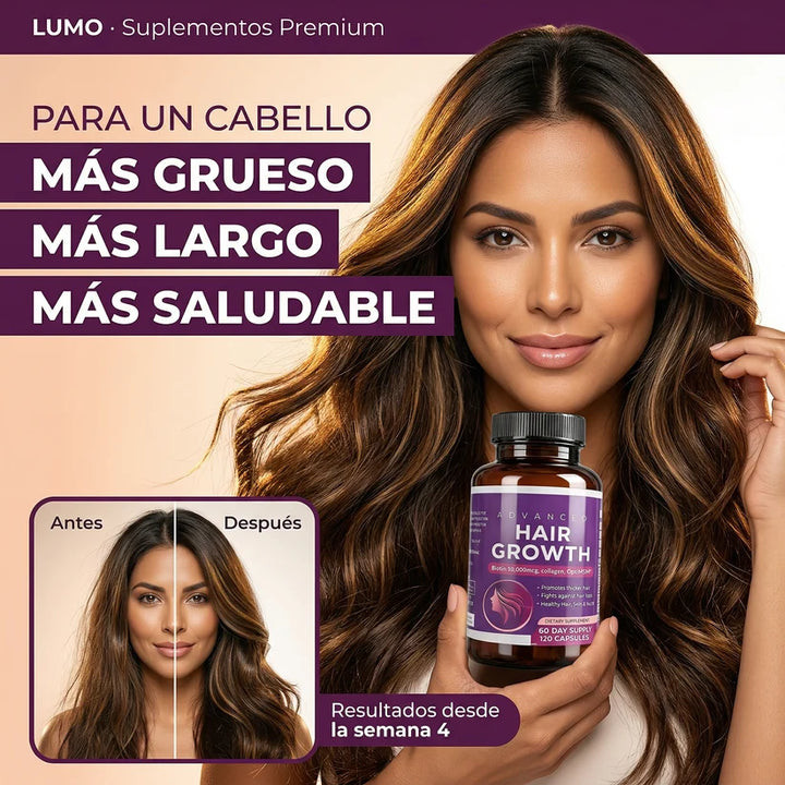HAIR GROWTH™  Fórmula Nutritiva para Cabello, Uñas y Piel Biotina + Colágeno + MSM · 60 cápsulas